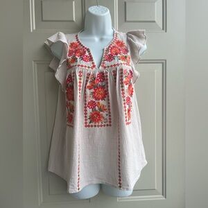 Savanna Jane Boho Chic Embroidered Ruffle Top Blouse Size S 100% Cotton